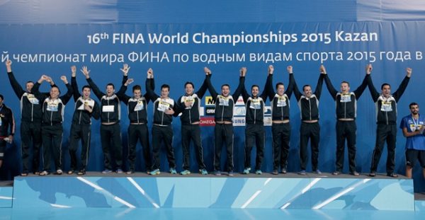 KAZAN, RUSSIA - AUGUST 08: Gold medalists team Serbia poses during the medal ceremony for the Men's Water Polo on day fifteen of the 16th FINA World Championships at the Water Polo Arena on August 8, 2015 in Kazan, Russia. (Photo by Adam Pretty/Getty Images)